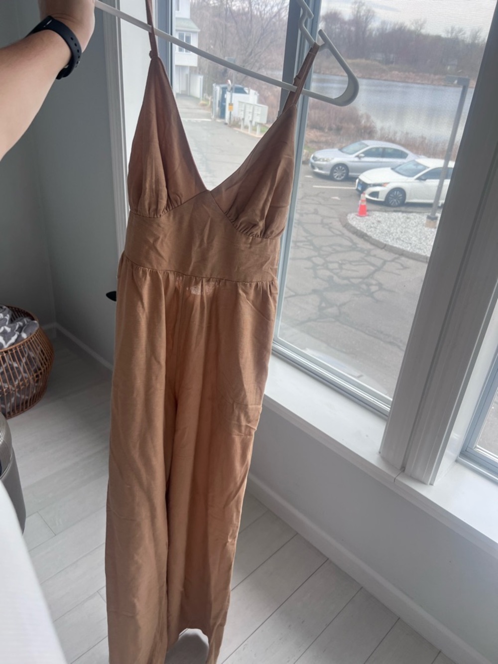 Japna Tan V-Neck Wide-Leg Jumpsuit